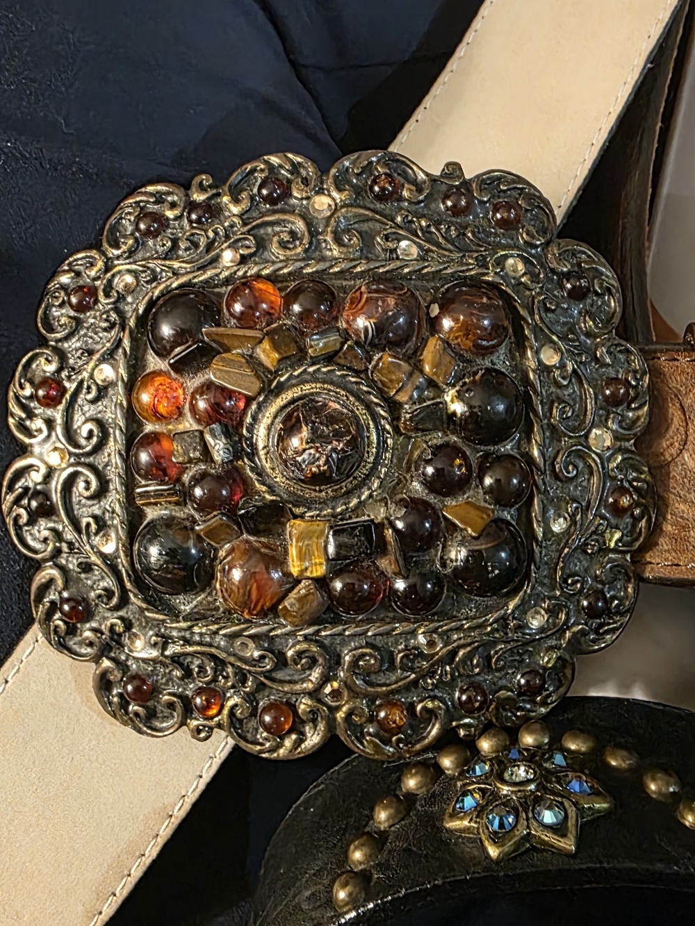 Y2K Vintage Embossed Dark Brown Leather Belt with Amber and Garnet Accents - Picture 3 of 10